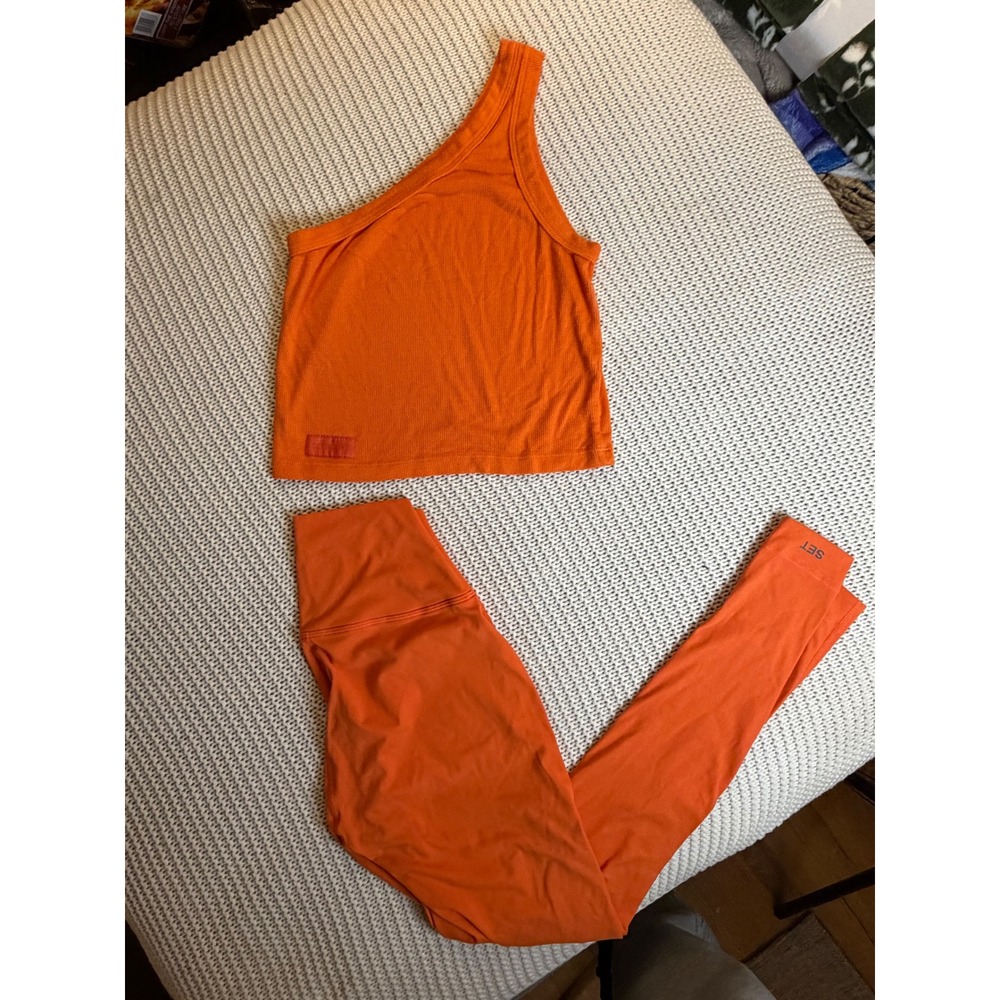Set Active SET Orange One Shoulder Ribbed Top and Sportbody Leggings Set Size S